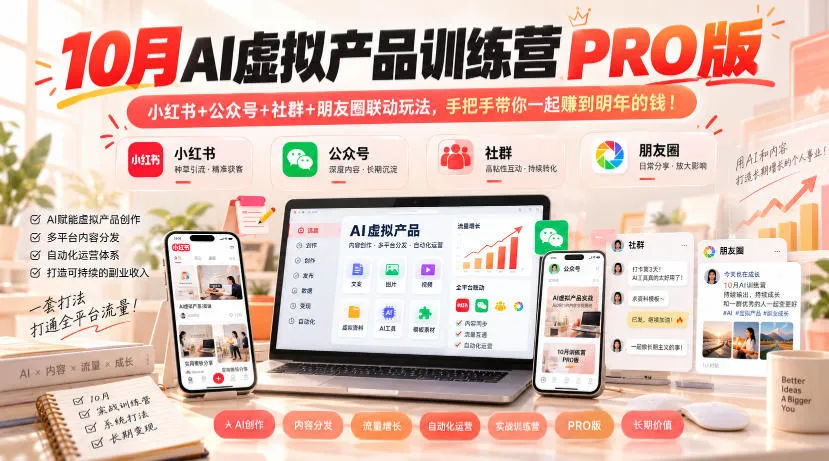 10月AI虚拟产品训练营PRO版，小红书+公众号+社群+朋友圈联动玩法，手把手带你一起赚到明年的钱！-706资源网