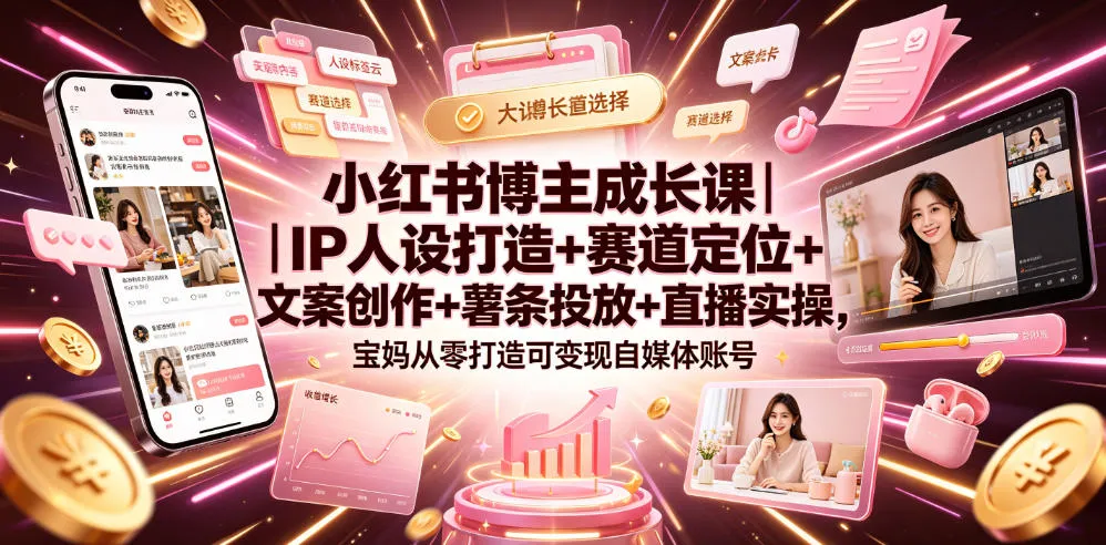 小红书博主成长课｜IP人设打造+赛道定位+文案创作+薯条投放+直播实操，宝妈从零打造可变现自媒体账号-706资源网