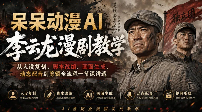 呆呆动漫AI李云龙漫剧教学，从人设复刻、脚本改编、画面生成、动态配音到剪辑全流程一节课讲透-706资源网