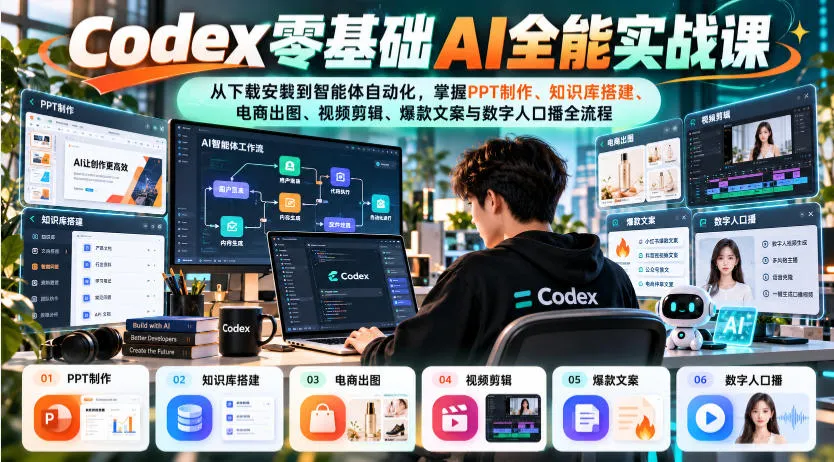 Codex零基础AI全能实战课:从下载安装到智能体自动化,掌握知识库搭建、电商出图、视频剪辑、爆款文案与数字人口播全流程