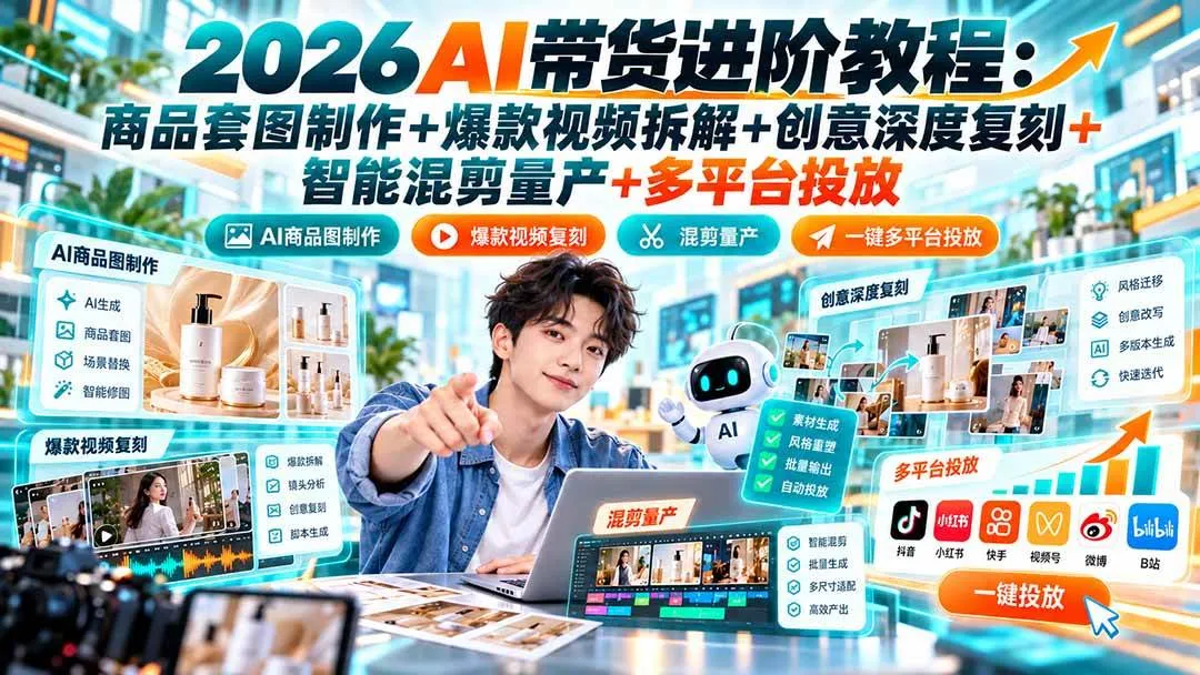 (20857期)2026AI带货进阶教程:商品套图制作+爆款视频拆解+创意深度复刻+智能混剪量产+多平台投放-706资源网