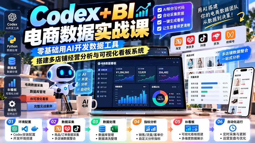 (20665期)Codex+BI电商数据实战课:零基础用AI开发数据工具,搭建多店铺经营分析与可视化看板系统-706资源网