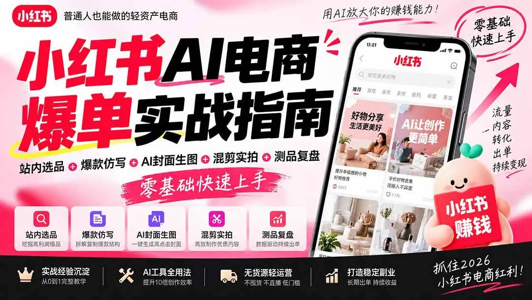 (20516期)2026小红书AI电商爆单实战指南:站内选品+爆款仿写+AI封面生图+混剪实拍+测品复盘,零基础快速上手-706资源网