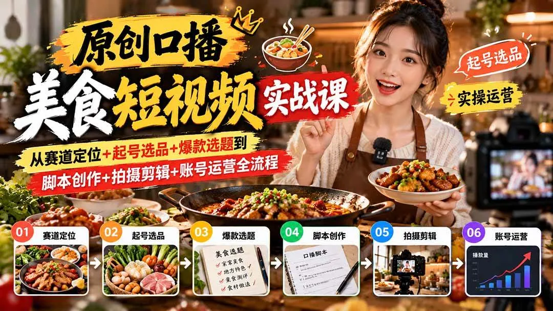 (20786期)原创口播美食短视频实战课:从赛道定位+起号选品+爆款选题到脚本创作+拍摄剪辑+账号运营全流程-706资源网