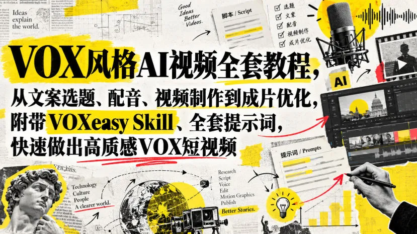 VOX风格AI视频全套教程，从文案选题、配音、视频制作到成片优化，附带VOXeasy Skill、全套提示词，快速做出高质感VOX短视频-706资源网