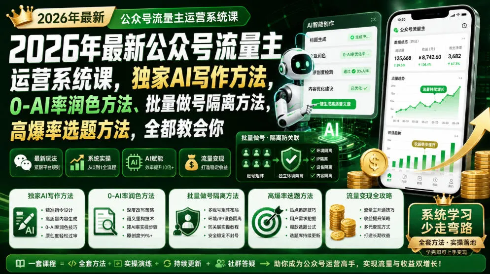 2026年最新公众号流量主运营系统课，独家AI写作方法，0-AI率润色方法、批量做号隔离方法、高爆率选题方法，全都教会你（更新1009）-706资源网