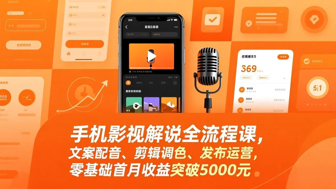 手机影视解说全流程课，文案配音、剪辑调色、发布运营，零基础首月收益突破5000元-706资源网