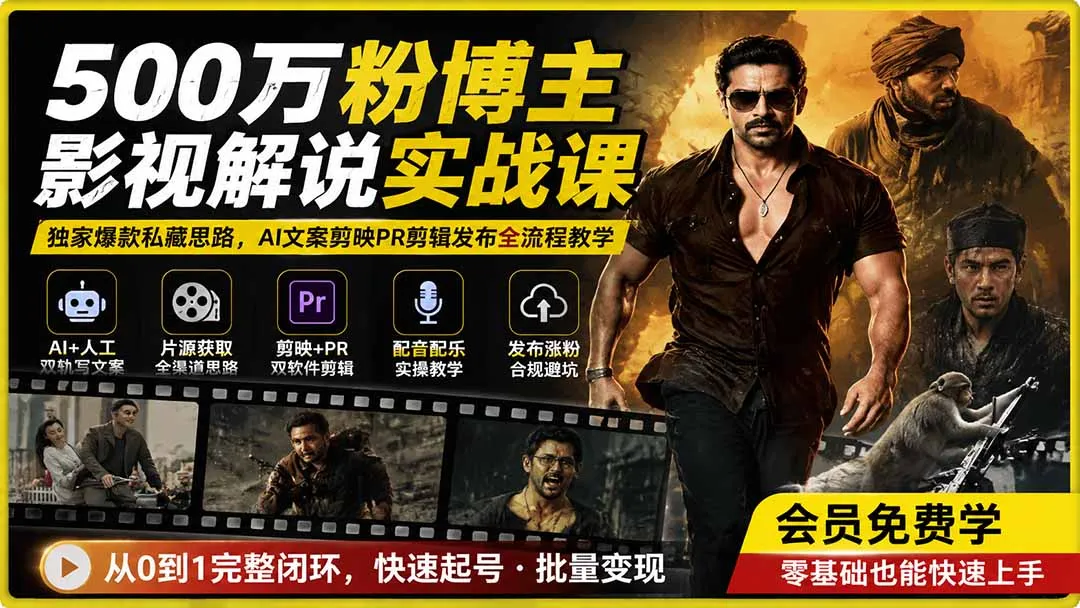 500万粉博主影视解说实战课|独家爆款私藏思路,AI文案剪映PR剪辑发布全流程教学-706资源网