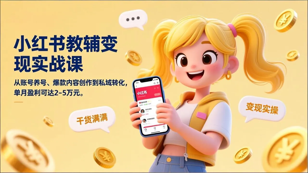 小红书教辅变现实战课，从账号养号、爆款内容创作到私域转化，单月盈利可达2-5万元-706资源网