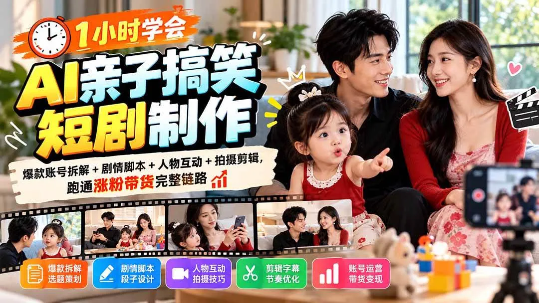 （20807期）1小时学会AI亲子搞笑短剧制作：爆款账号拆解+剧情脚本+人物互动+拍摄剪辑，跑通涨粉带货完整链路
