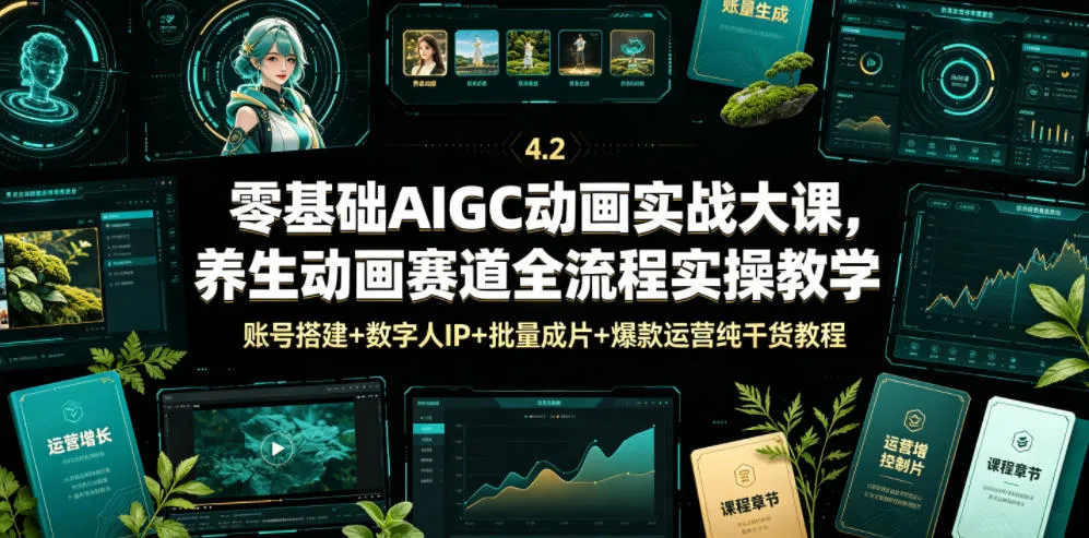 零基础AIGC动画实战大课，养生动画赛道全流程实操教学，账号搭建+数字人IP+批量成片+爆款运营纯干货教程-706资源网