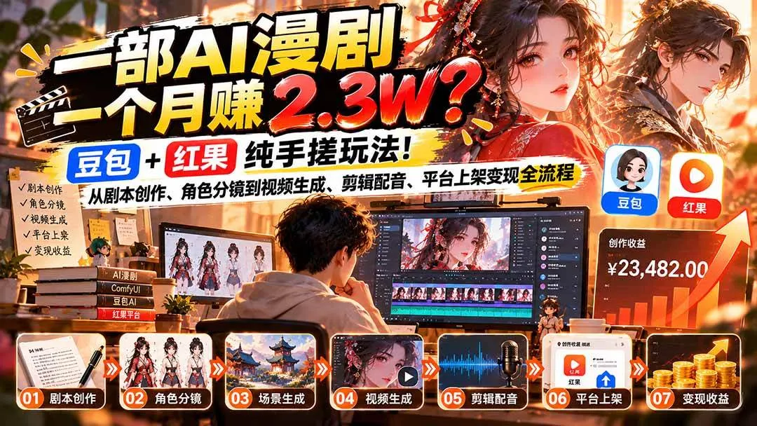 （21089期）一部AI漫剧一个月赚2.3W？豆包+红果纯手搓玩法！从剧本创作、角色分镜到视频生成、剪辑配音、平台上架变现全流程-706资源网