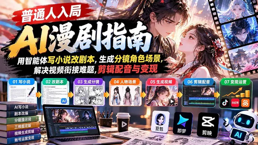 （21033期）【无水印】普通人入局AI漫剧指南：用智能体写小说改剧本，生成分镜角色场景，解决视频衔接难题，剪辑配音与变现-706资源网