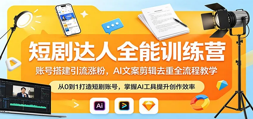 短剧达人全能训练营：账号搭建引流涨粉，AI 文案剪辑去重全流程教学-706资源网