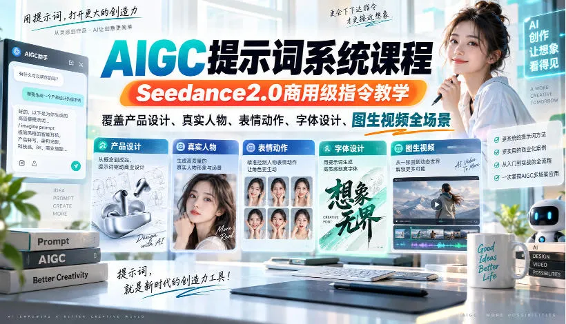 AIGC提示词系统课程，Seedance2.0商用级指令教学，覆盖产品设计、真实人物、表情动作、字体设计、图生视频全场景-706资源网