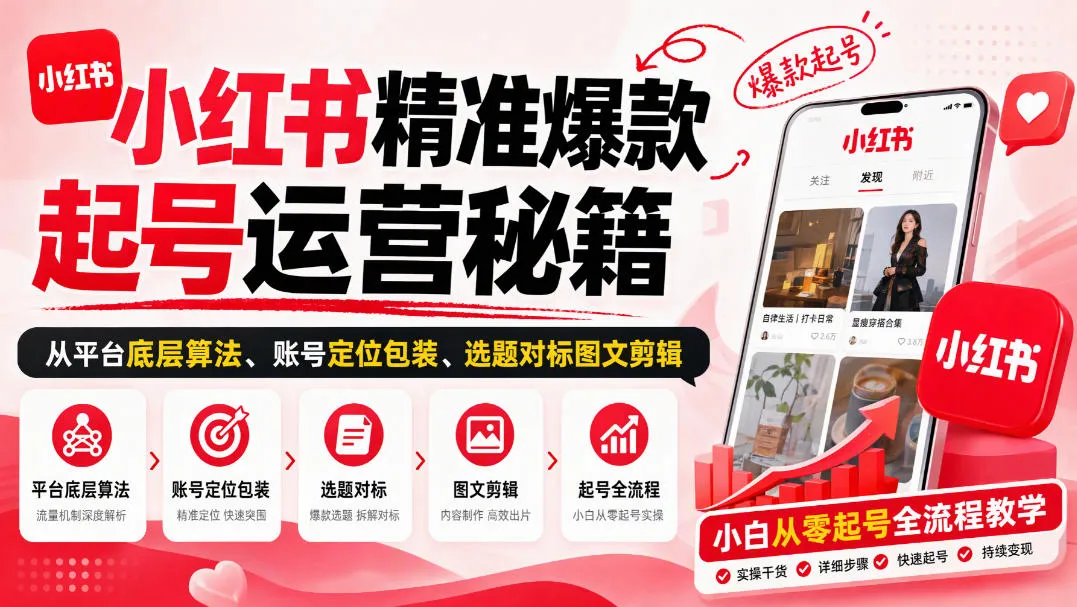 小红书精准爆款起号运营秘籍,从平台底层算法、账号定位包装、选题对标图文剪辑,小白从零起号全流程