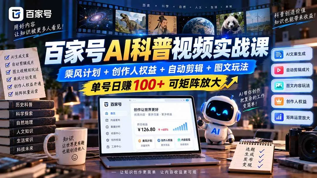 (20579期)百家号AI科普视频实战课:乘风计划+创作人权益+自动剪辑+图文玩法,单号日赚100+可矩阵放大-706资源网