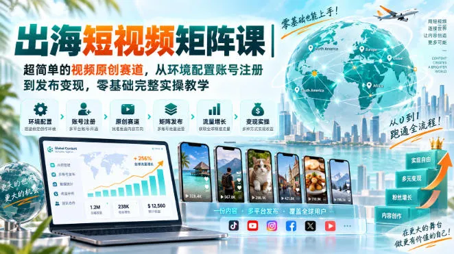 出海短视频矩阵课|超简单的视频原创赛道,从环境配置账号注册到发布变现,零基础完整实操教学-706资源网