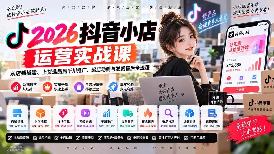 (20568期)2026抖音小店运营实战课|从店铺搭建、上货选品到千川推广、起店动销与发货售后全流程-706资源网
