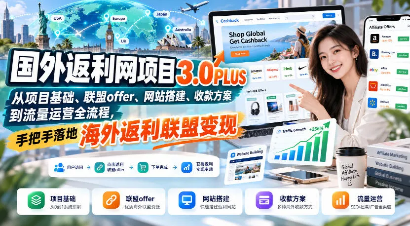 国外返利网项目3.0PLUS，从项目基础、联盟offer、网站搭建、收款方案到流量运营全流程，手把手落地海外返利联盟变现-706资源网