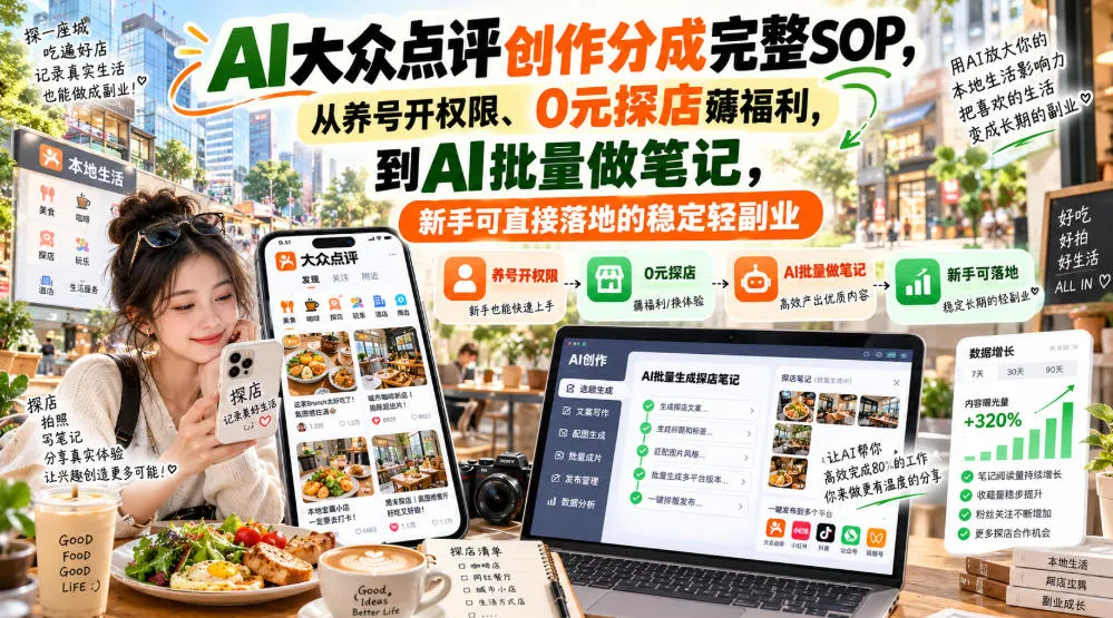 【无水印】AI大众点评创作分成完整SOP,从养号开权限、0元探店薅福利,到AI批量做笔记,新手可直接落地的稳定轻副业-706资源网