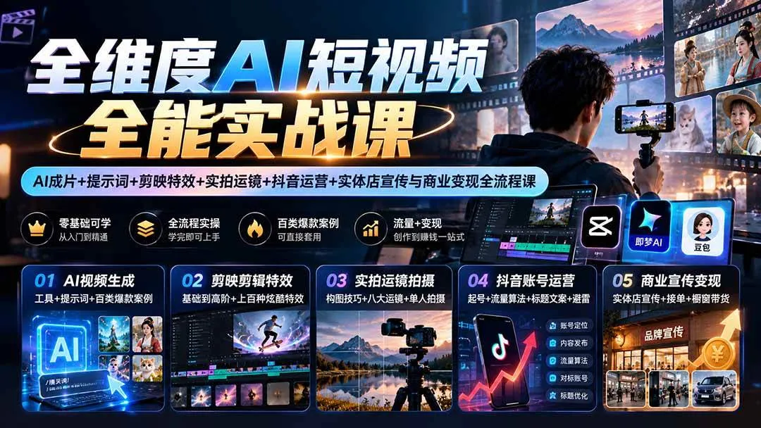(20768期)【无水印】全维度AI短视频全能实战课:AI成片+提示词+剪映特效+实拍运镜+抖音运营+实体店宣传与商业变现全流程课-706资源网