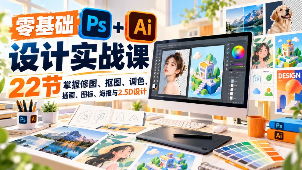 【无水印】零基础PS+AI设计实战课｜22节掌握修图、抠图、调色、插画、图标、海报与2.5D设计-706资源网