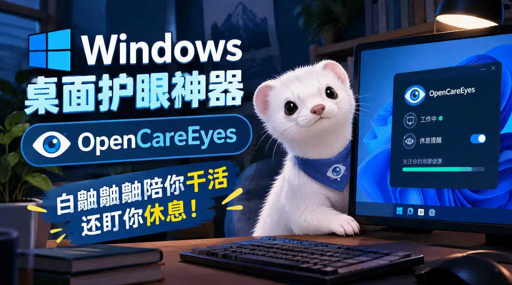 Windows桌面护眼神器OpenCareEyes,白鼬鼬鼬陪你干活还盯你休息!