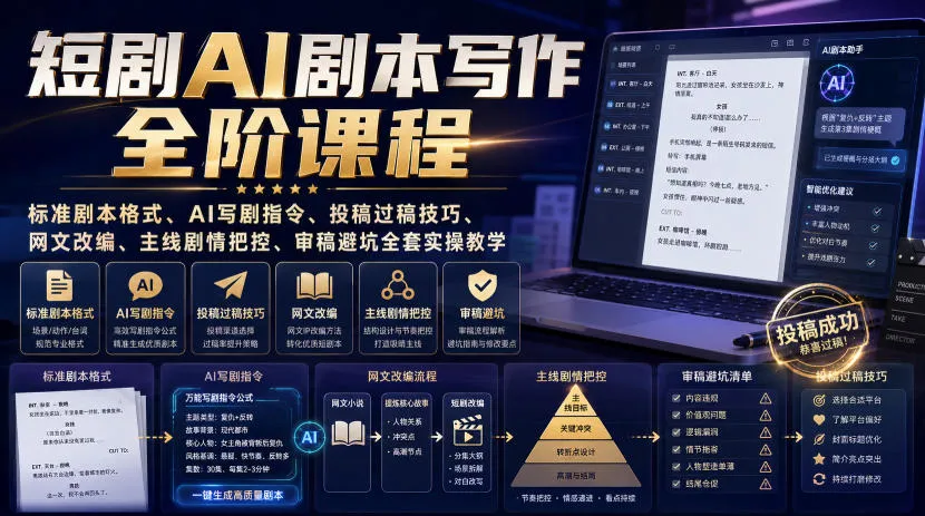 短剧AI剧本写作全阶课程｜标准剧本格式、AI写剧指令、投稿过稿技巧、网文改编、主线剧情把控、审稿避坑全套实操教学-706资源网