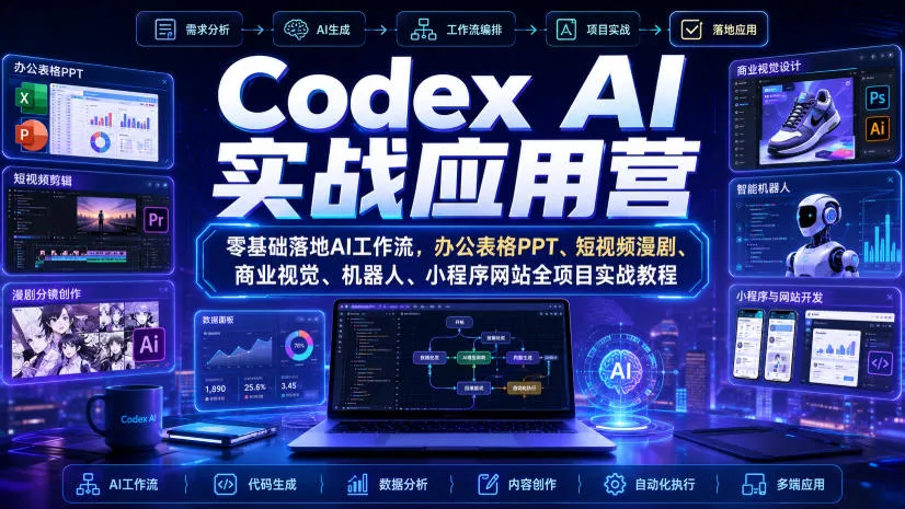 Codex AI实战应用营|零基础落地AI工作流,办公表格PPT、短视频漫剧、商业视觉、机器人、小程序网站全项目实战教程-706资源网