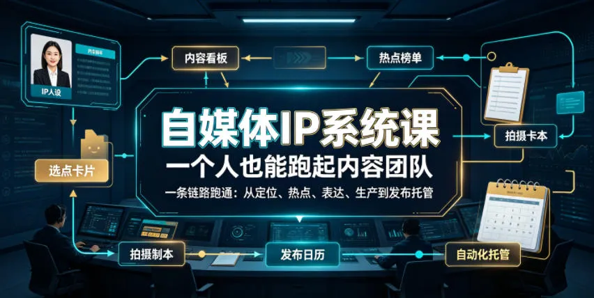 自媒体IP系统课,一个人也能跑起内容团队,一条链路跑通,从定位、热点、表达、生产到发布托管