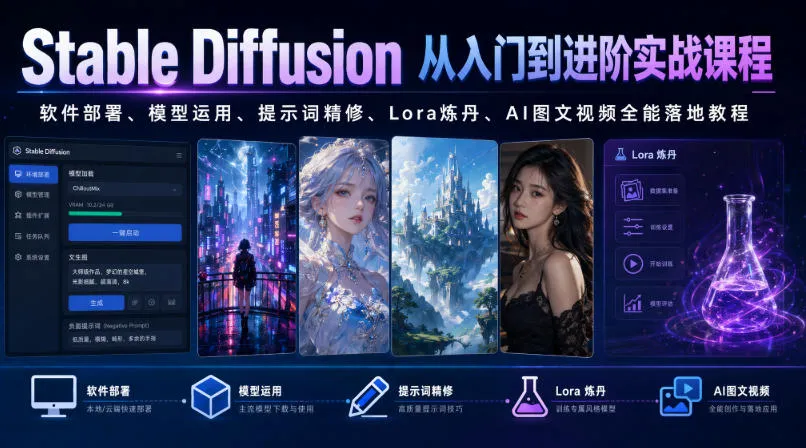 Stable Diffusion从入门到进阶实战课程｜软件部署、模型运用、提示词精修、Lora炼丹、AI图文视频全能落地教程-706资源网