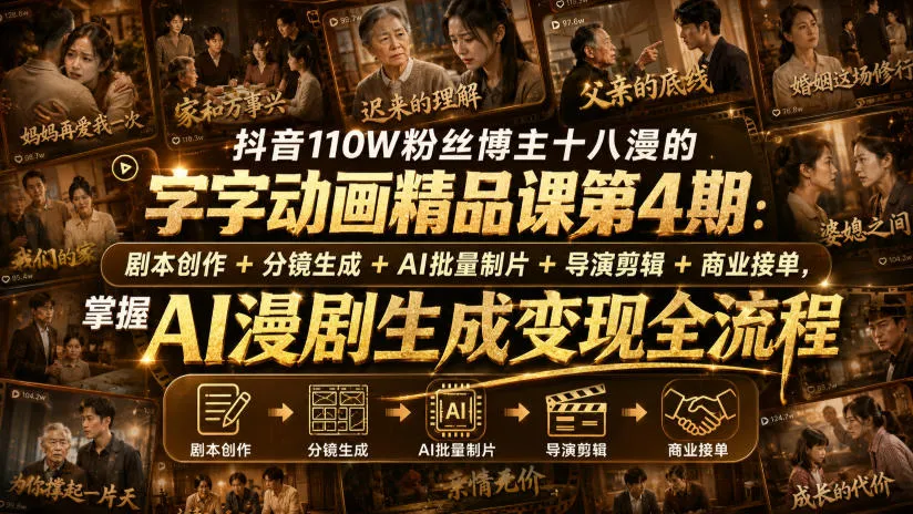 抖音110W粉丝博主十八漫的字字动画精品课第4期：剧本创作+分镜生成+剪辑+商业接单，掌握AI漫剧生成变现全流程-706资源网