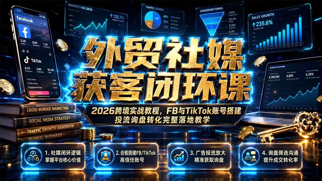外贸社媒获客闭环课｜2026跨境实战教程，FB与TikTok账号搭建投流询盘转化完整落地教学-706资源网