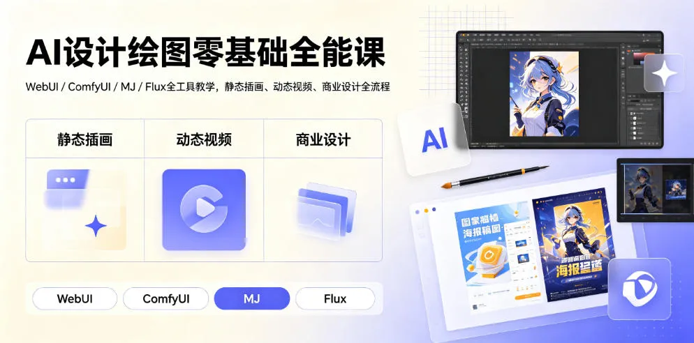 AI设计绘图零基础全能课｜WebUI/ComfyUI/MJ/Flux全工具教学，静态插画、动态视频、商业设计全流程-706资源网