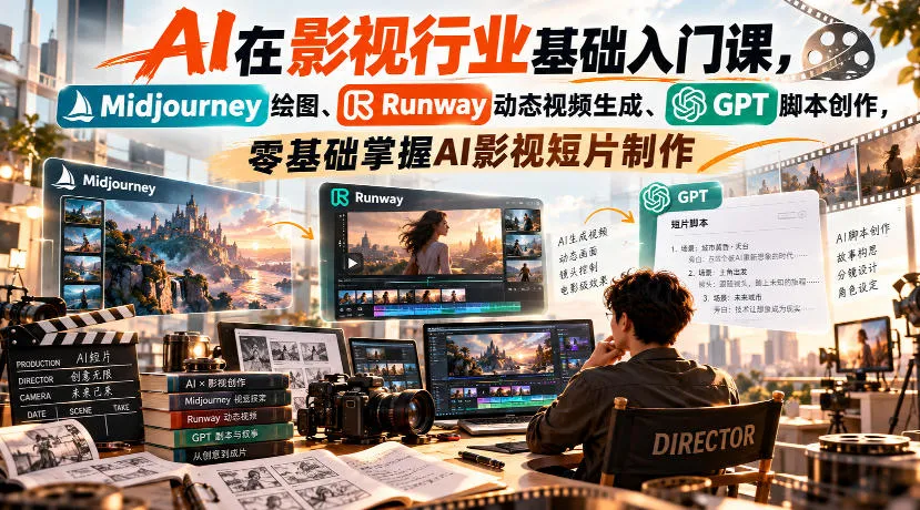 【无水印】AI在影视行业基础入门课,Midjourney绘图、Runway动态视频生成、GPT脚本创作,零基础掌握AI影视短片制作-706资源网