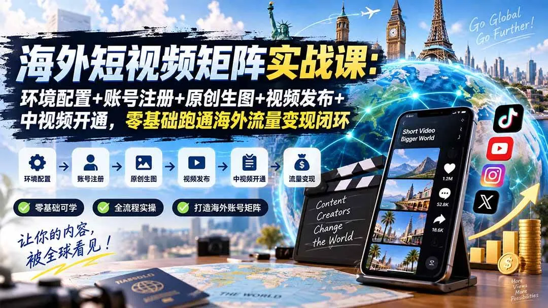 （20470期）海外短视频矩阵实战课：环境配置+账号注册+原创生图+视频发布+中视频开通，零基础跑通海外流量变现闭环-706资源网
