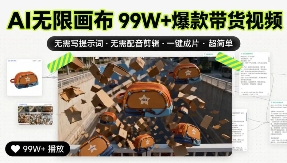 AI无限画布99W+爆款带货视频，无需写提示词·无需配音剪辑·一键成片·超简单-706资源网