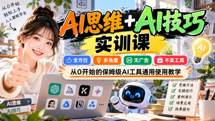 【无水印】AI思维+AI技巧实训课,全方位、多角度、无广告、不卖工具,从0开始的保姆级AI工具通用使用教学-706资源网