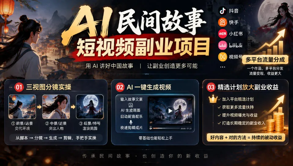 AI民间故事短视频副业项目，多平台流量分成，三视图分镜实操，精选计划放大副业收益-706资源网