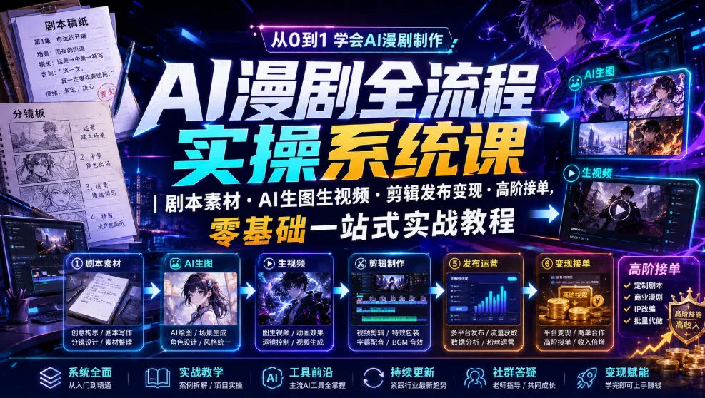 AI漫剧全流程实操系统课｜剧本素材・AI生图生视频・剪辑发布变现・高阶接单，零基础一站式实战教程-706资源网