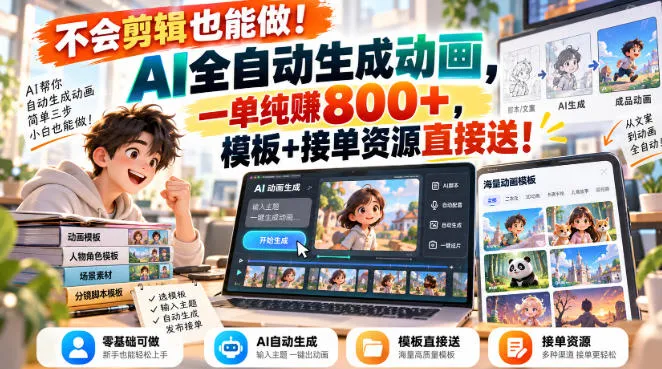 不会剪辑也能做!AI全自动生成动画,一单纯賺800+,模板+接单资源直接送!【揭秘】-706资源网