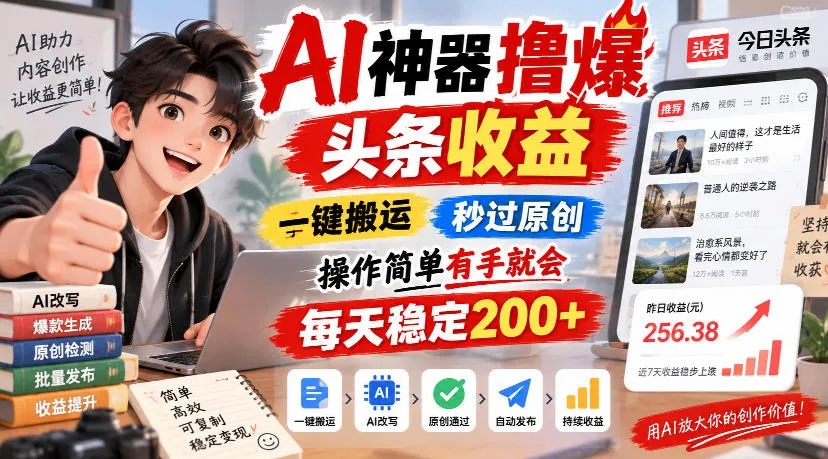 AI神器撸爆头条收益，一键搬运，秒过原创，操作简单有手就会，每天稳定200+【揭秘】-706资源网