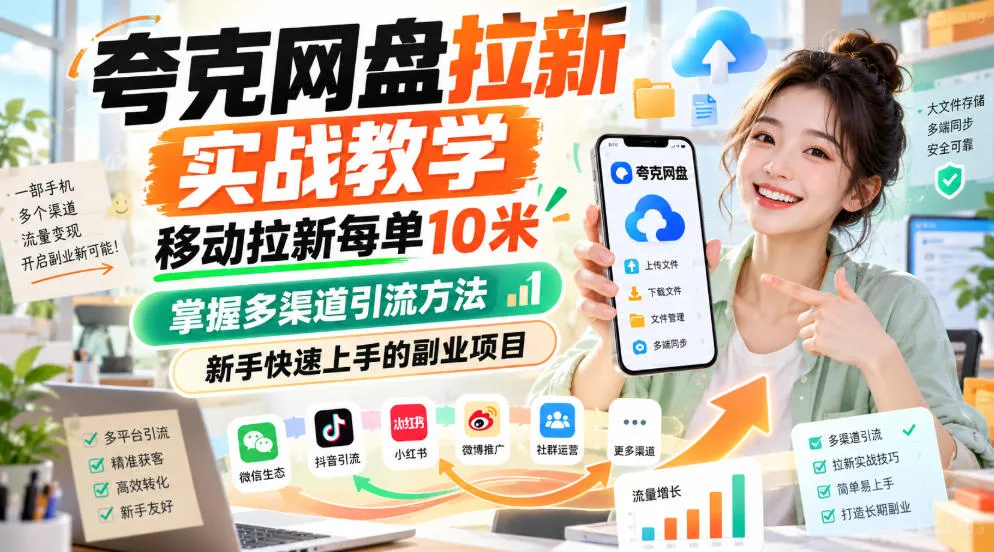 夸克网盘拉新实战教学,移动拉新每单10米,掌握多渠道引流方法,新手快速上手的副业项目-706资源网