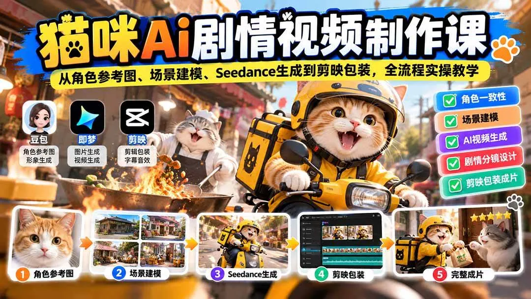 (20793期)猫咪AI剧情视频制作课:从角色参考图、场景建模、Seedance生成到剪映包装,全流程实操教学-706资源网