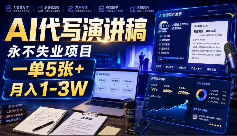 AI代写演讲稿，永不失业项目，一单5张+，月入1-3W【揭秘】-706资源网