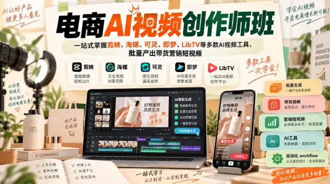 电商AI视频创作师班,一站式掌握剪映、海螺、可灵、即梦、LibTV等多款AI视频工具,批量产出带货营销短视频-706资源网