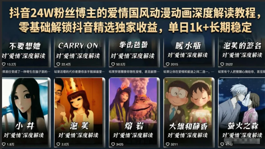 抖音24W粉丝博主的爱情国风动漫动画深度解读教程,零基础解锁抖音精选独家收益,单日1k+长期稳定-706资源网
