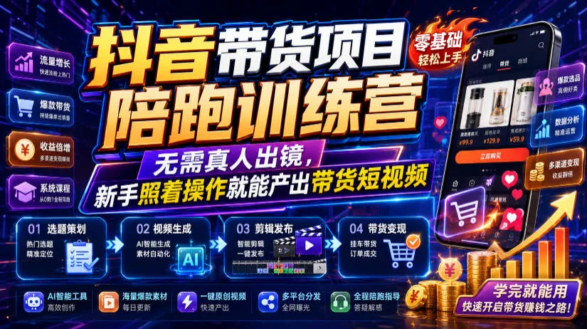 抖音带货项目陪跑训练营,无需真人出镜,新手照着操作就能产出带货短视频(更新0811)-706资源网