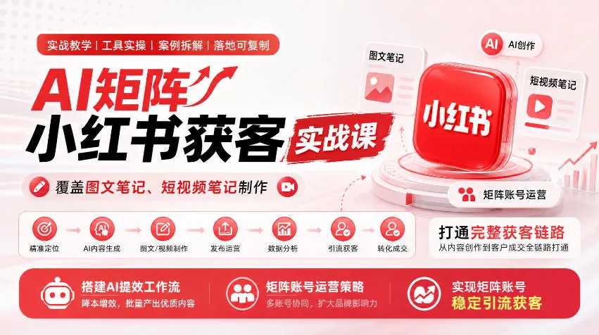 AI矩阵小红书获客实战课,覆盖图文笔记、短视频笔记制作,打通完整获客链路,搭建AI提效工作流,实现矩阵账号稳定引流获客